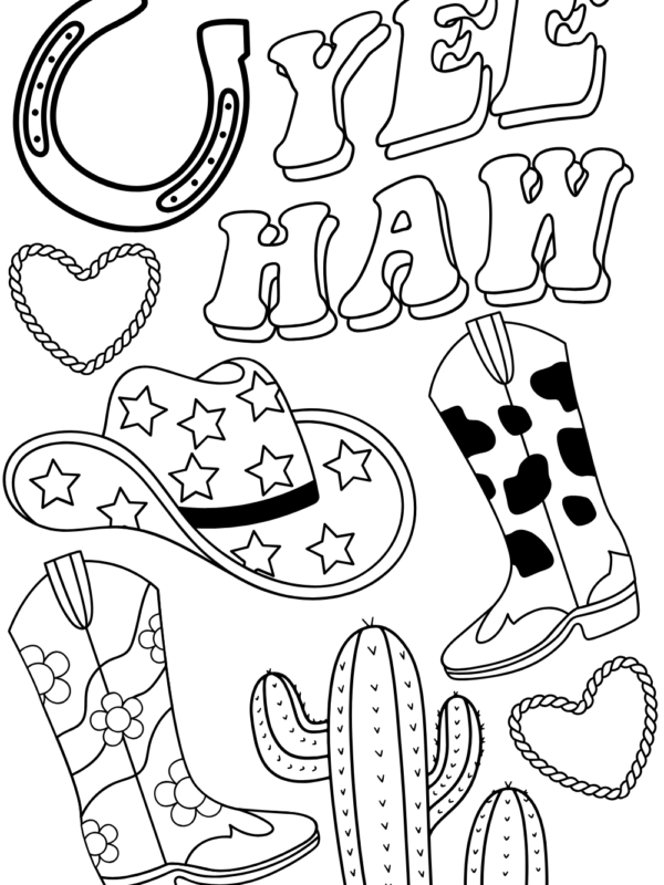 a free printable with a cow girl hat, cow girl boot, lasso and cactus for a coloring sheet