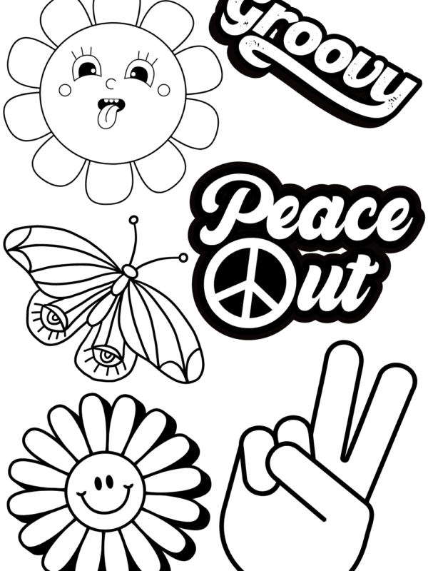 70s wall art with bright colors showing peace out, groovy, butterfly, peace sign and sunshine