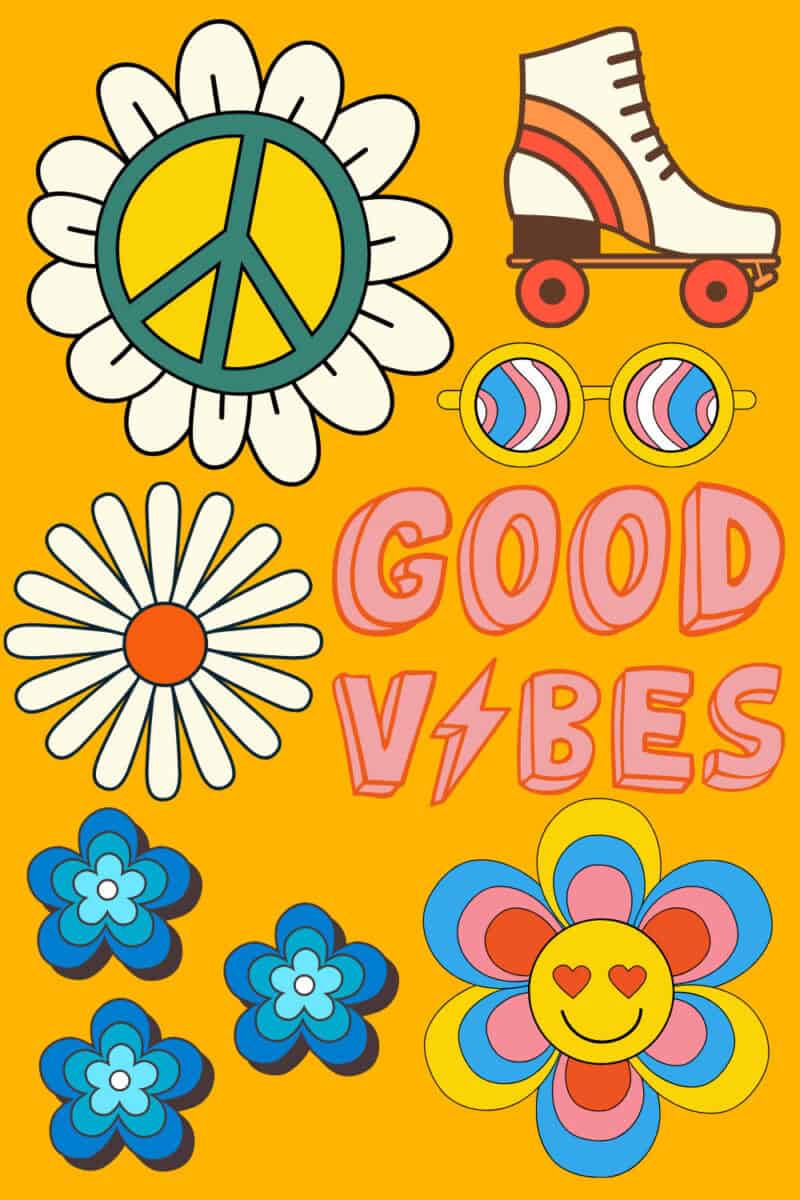 retro coloring page with flowers, peace signs, retro glasses, and roller skates with bright colors