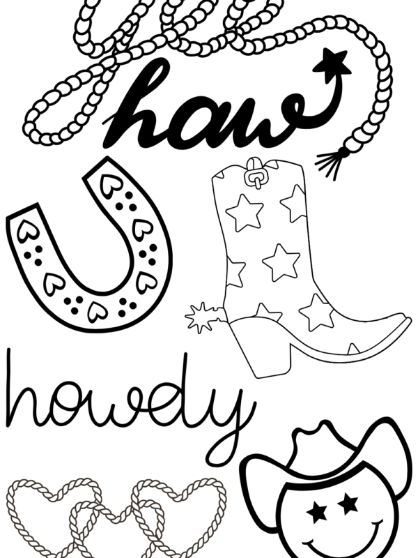 western cow girl coloring sheet with a cow girl boot, howdy, yeehaw, horseshoe, cowgirl hat