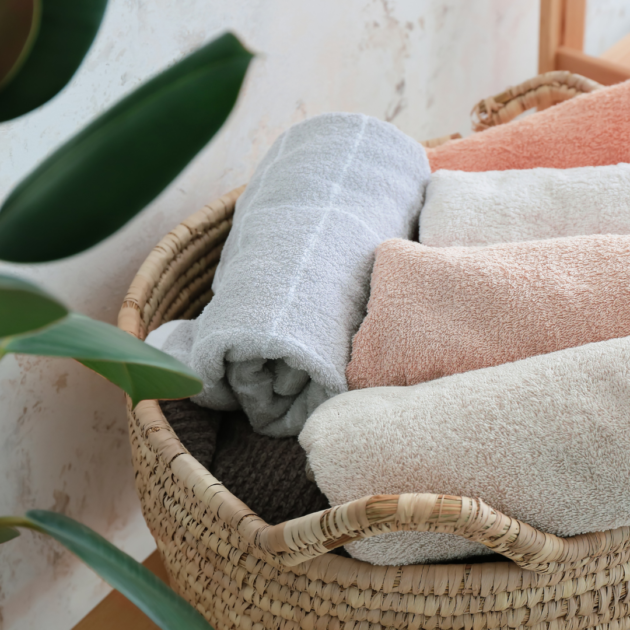 rolled towels in a basket on bathroom counter for easy reach