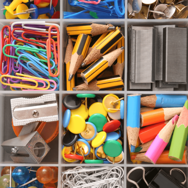 a desk organizer with school supplies