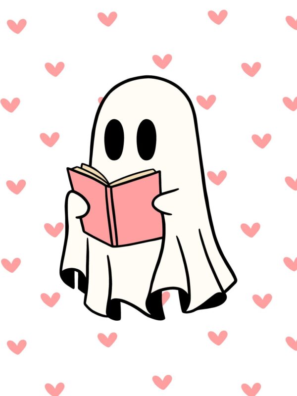 cute reading ghost with pink hearts