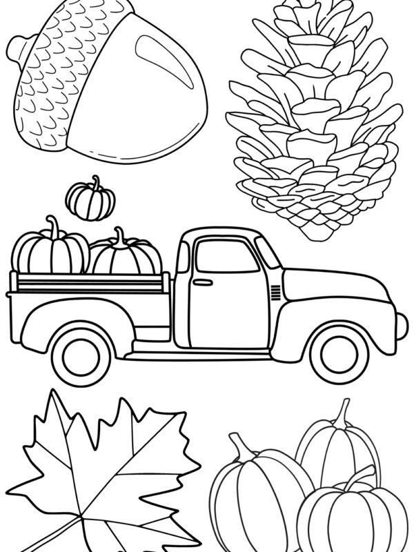 fall coloring page with fall leaves, pumpkins, acorn and pinecone
