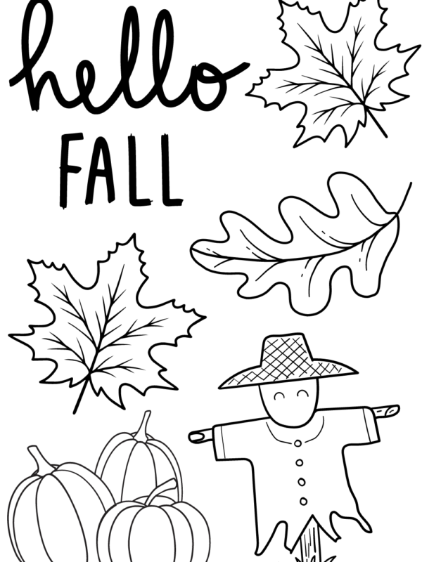 hello fall coloring page with fall leaves, pumpkins, scarecrow