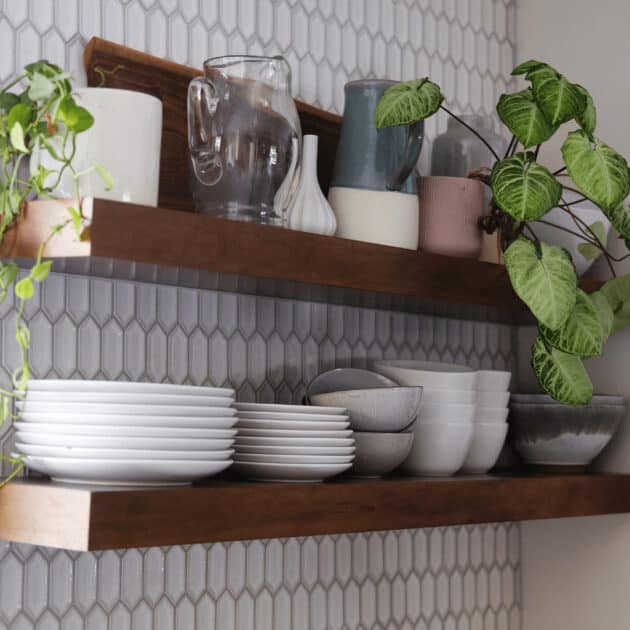 modern apartment kitchen decor with floating shelves