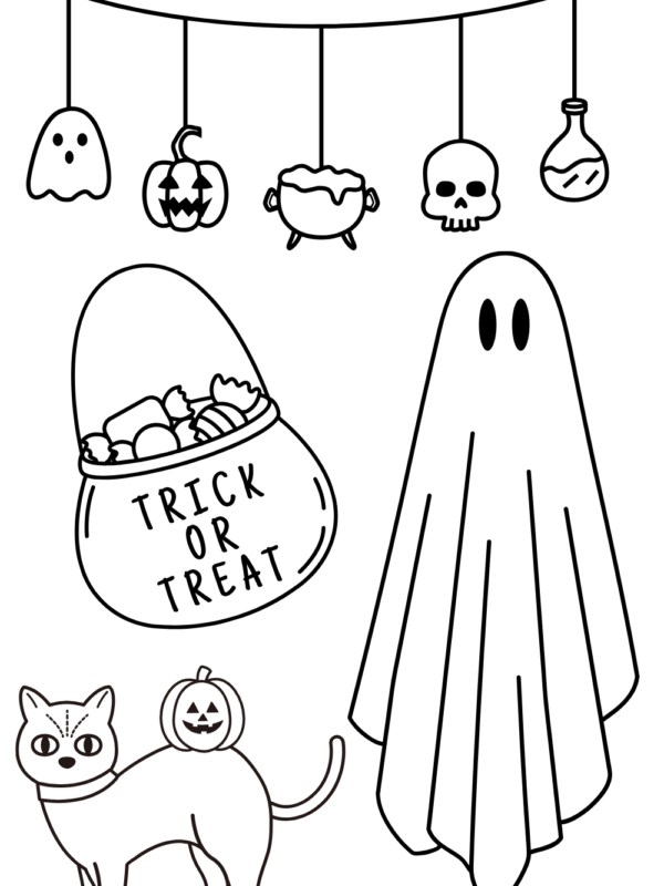 Trick or treat, spooky cat, ghost coloring page