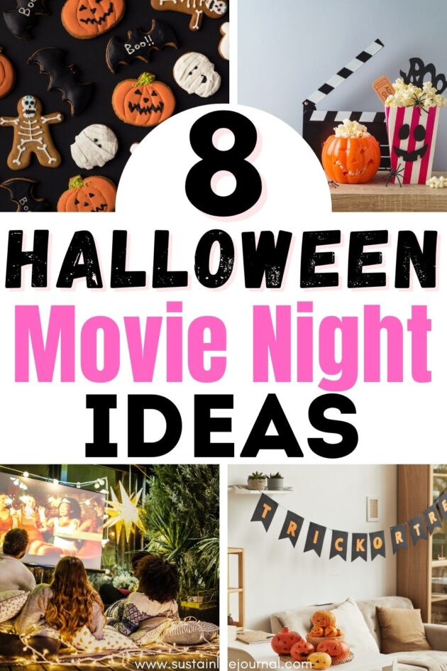 cozy Halloween night with cookies, popcorn, Halloween decor and outdoor Halloween movie night