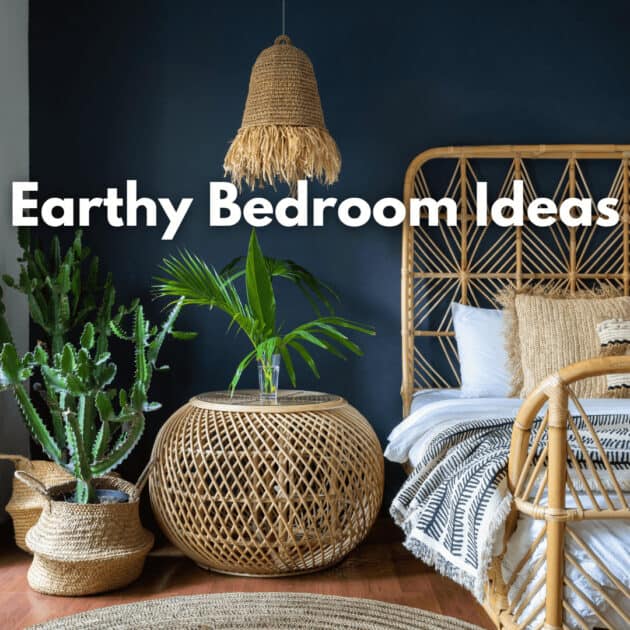 an earthy bedroom with organic bedding and rattan furniture