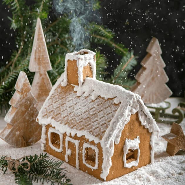 gingerbread house with dusted powdered sugar