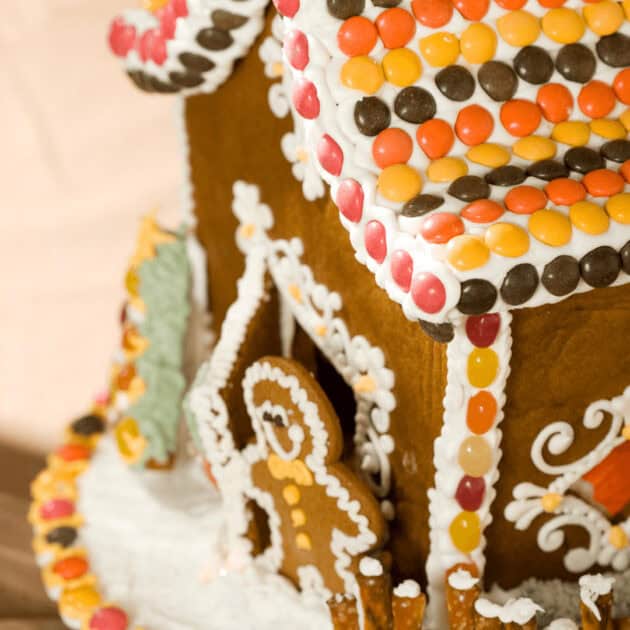 candy on a gingerbread house roof