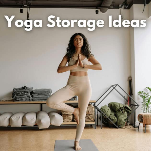 a woman doing yoga in a small yoga studio with organized yoga props behind her