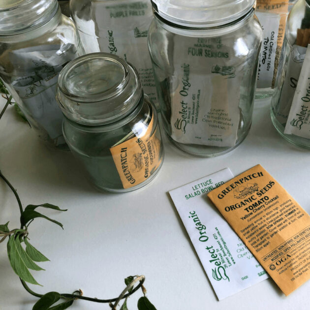 seeds stored in containers and seed packets