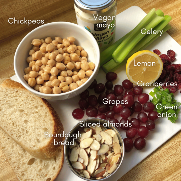 vegan mayo, celery, sliced almonds, bread, cranberries, and green onion