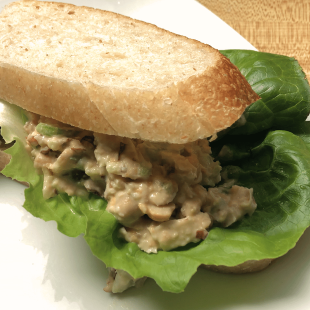 vegan chicken salad sandwich on sourdough bread