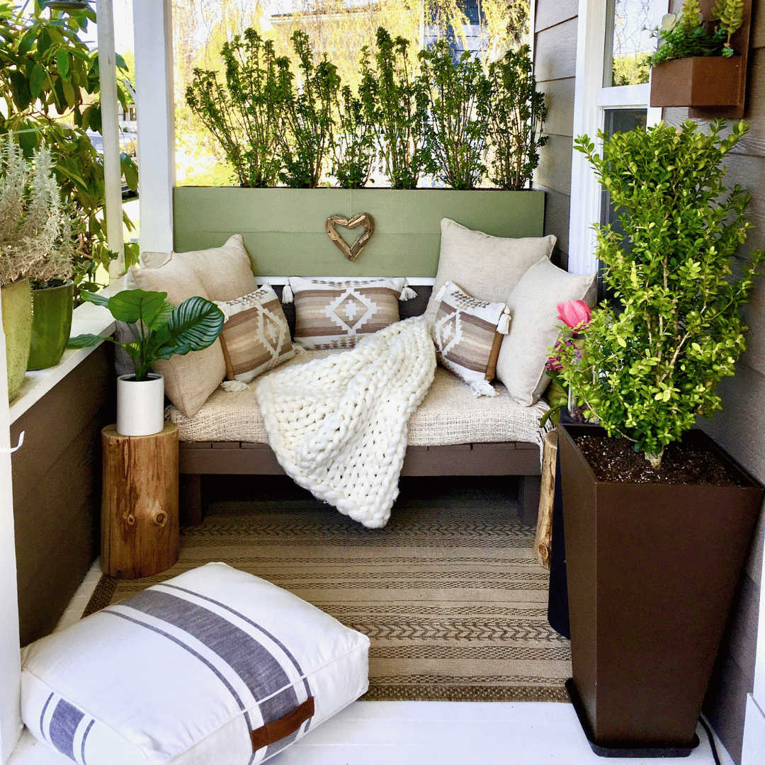 front porch with wall barrier and plants for privacy