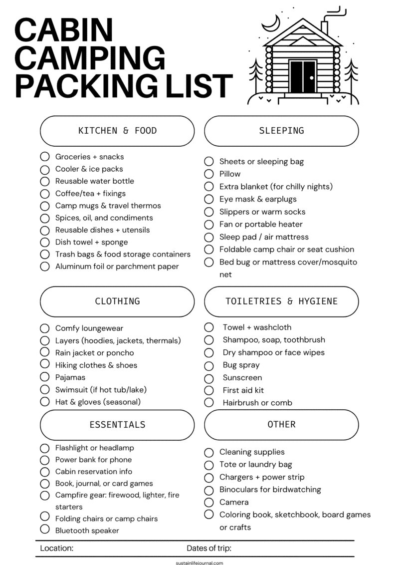 cabin camping checklist printable