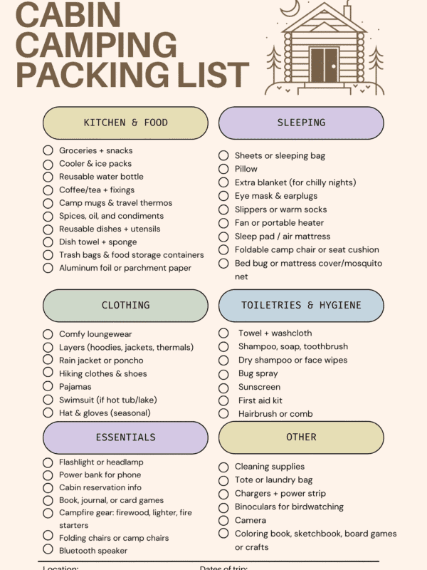 cabin camping checklist printable