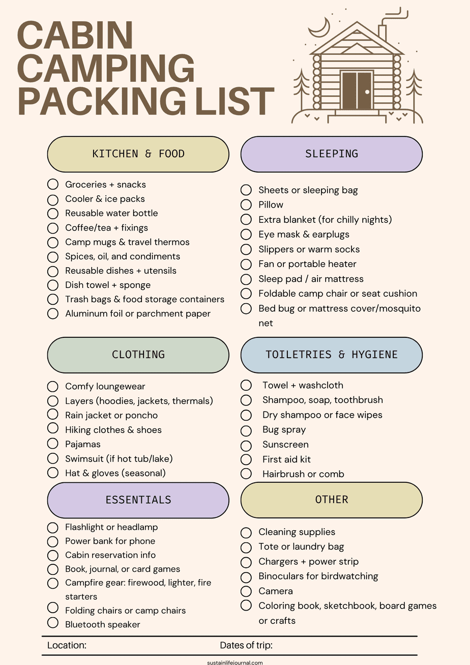 cabin camping checklist printable