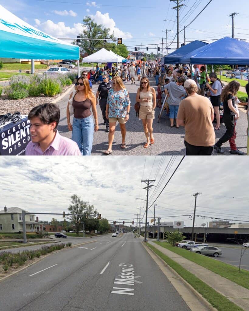 a group of people walking on a street compared to that same street for cars.
