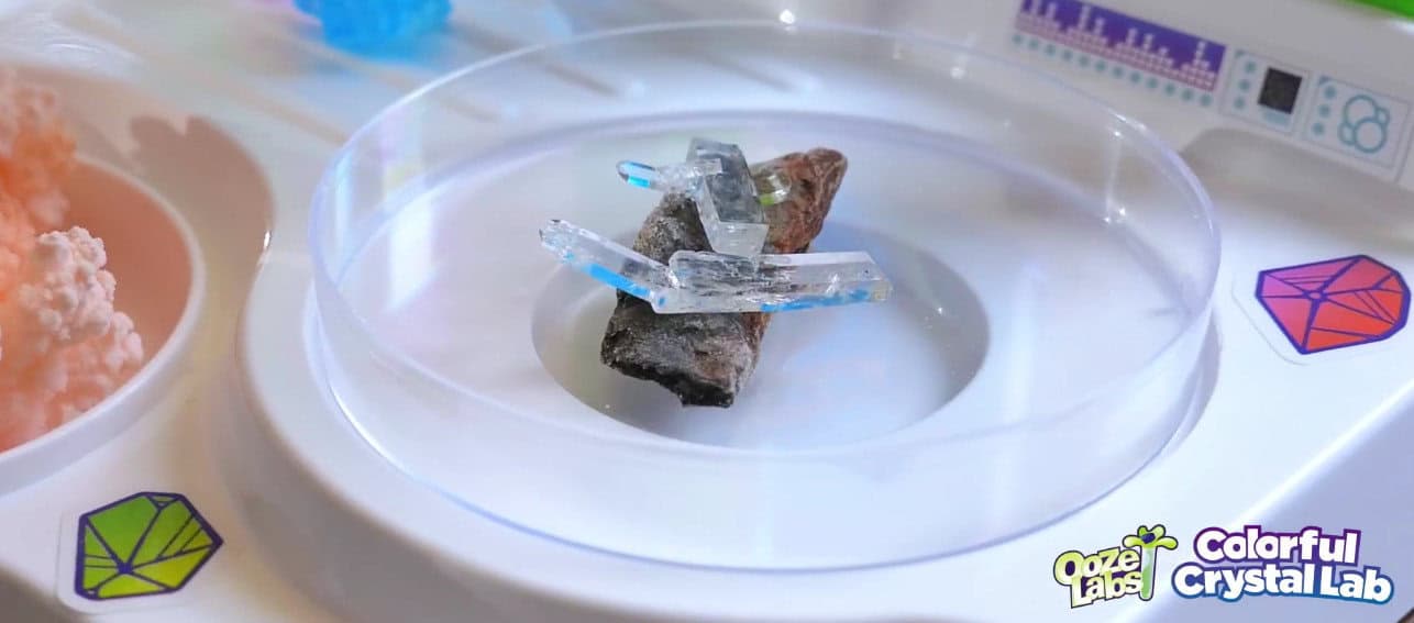 Science kit with crystals on display tray.