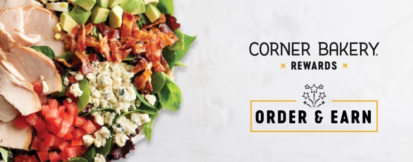Colorful salad with Corner Bakery rewards offer.