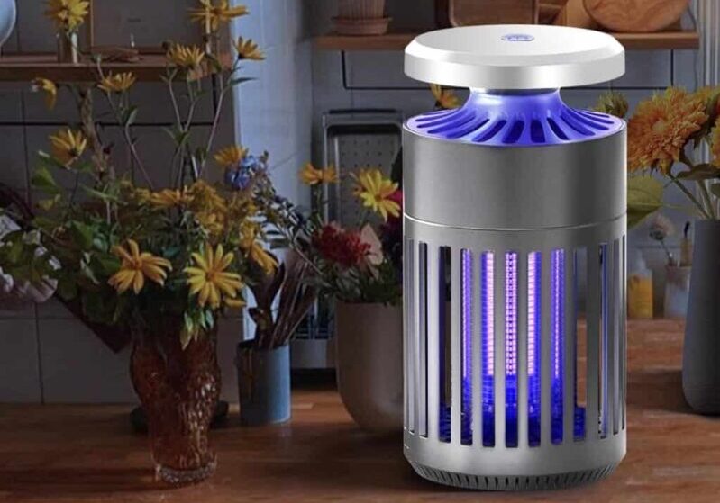 Plant protector device with blue light on table