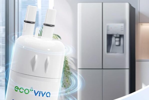 EcoViva leak-proof refrigerator water filter advertisement.