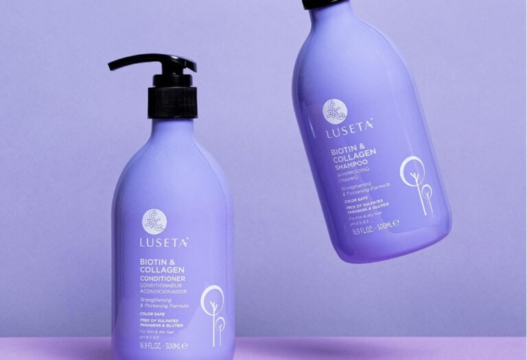 Luseta biotin collagen shampoo and conditioner bottles.