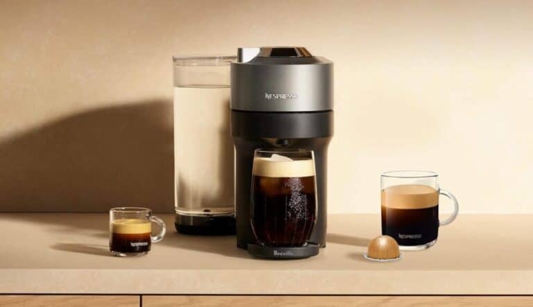 Nespresso coffee machine with cups and pods.