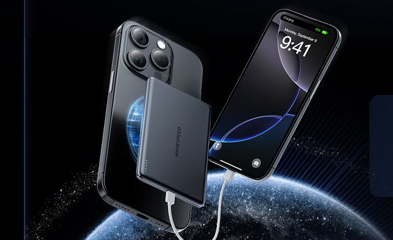 Smartphone with power bank on planet backdrop.