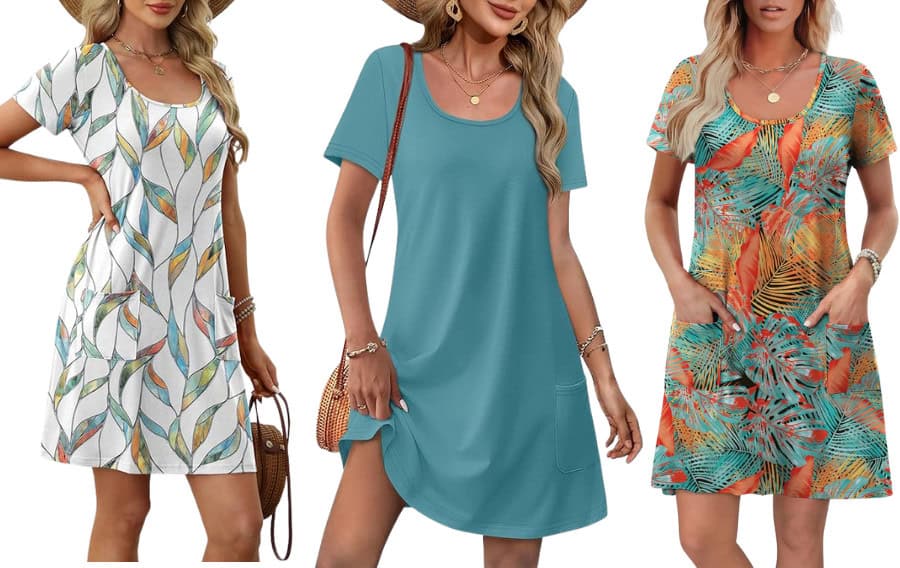 Three women in colorful summer dresses.