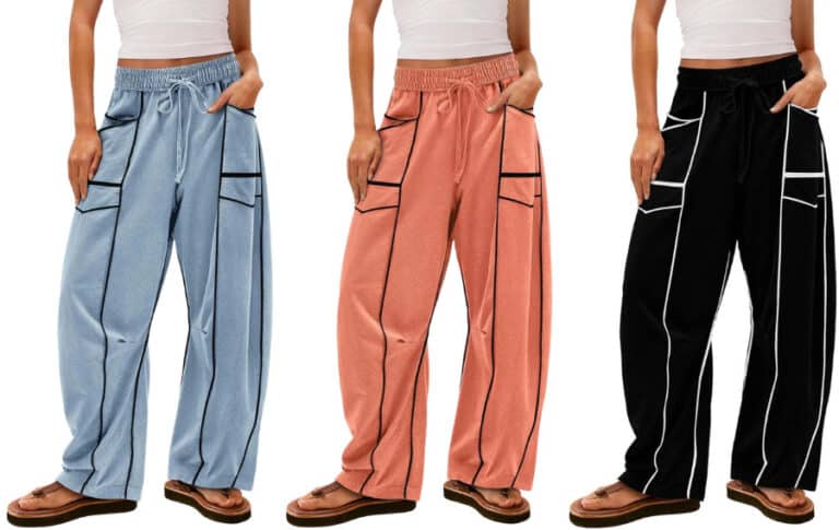 Three women wearing pants in different colors.