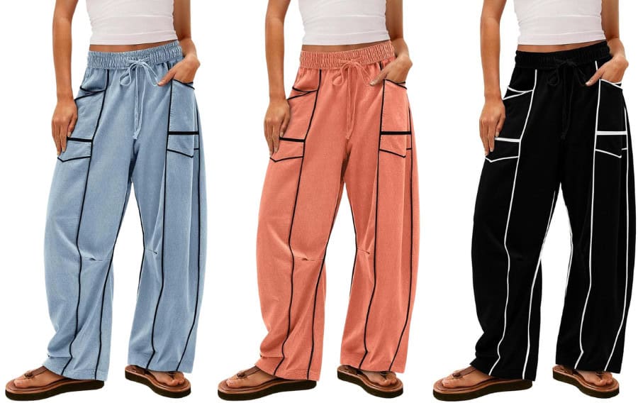 Three women wearing pants in different colors.