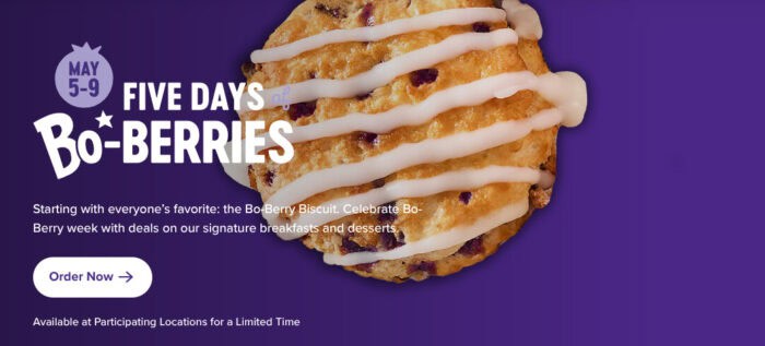 Bo-Berry Biscuits promotion, May 5-9 offers.