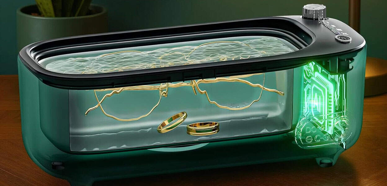 Ultrasonic cleaner with glasses and rings inside