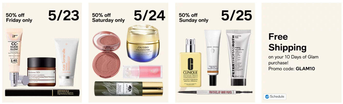 50% off beauty products with free shipping promo.