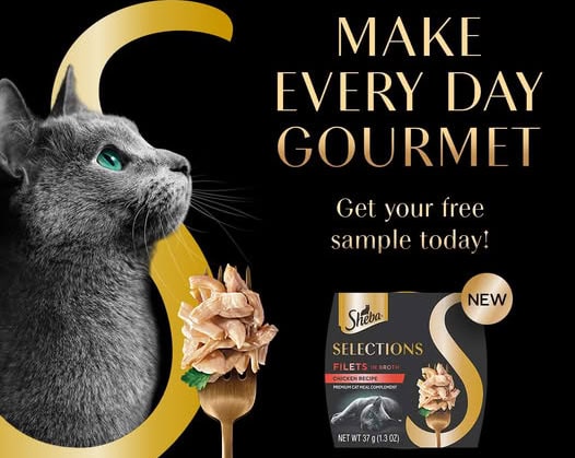 Sheba cat food, gourmet flavor, free sample offer.