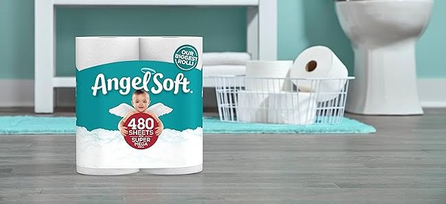 Angel Soft toilet paper in bathroom setting.