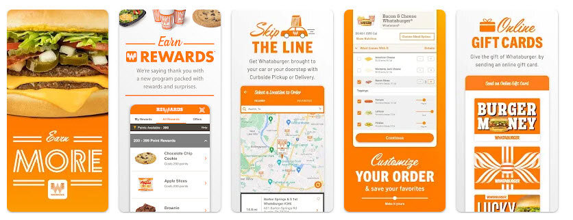 Whataburger app features: rewards, delivery, gift cards.