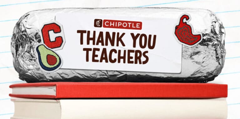 Chipotle burrito thanking teachers on books.