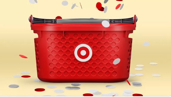 Red basket with confetti on yellow background.