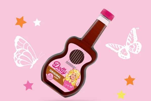 Guitar-shaped syrup bottle with butterflies and stars.
