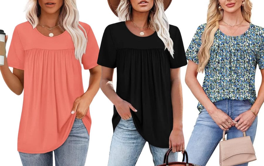 Three women modeling casual tops in various colors.