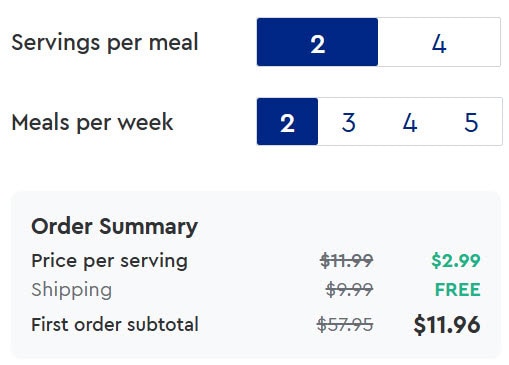 Meal order summary with price and servings details.