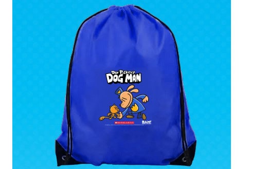 Blue drawstring backpack with Dog Man design