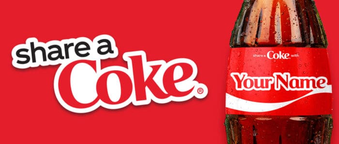 Share a Coke campaign, personalized bottle label.