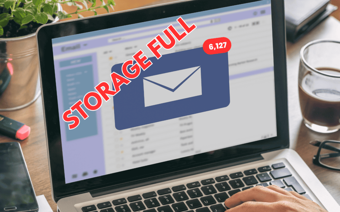 Laptop screen displaying an overflowing email inbox with a "storage full" warning.