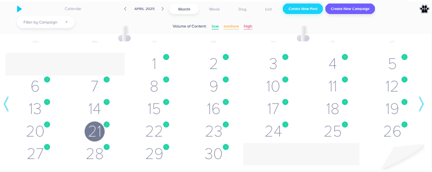 A digital calendar for April 2025 displays green dots on various dates, with the 21st highlighted in dark gray—perfect for planning engaging social media content and boosting brand engagement. Controls and filter options are visible at the top.