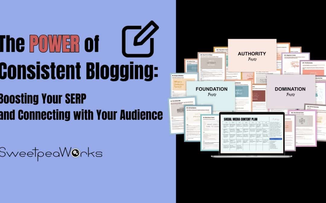 A graphic about consistent blogging features text on strategies for boosting SERP and audience engagement, with various blogging resources displayed next to a laptop.